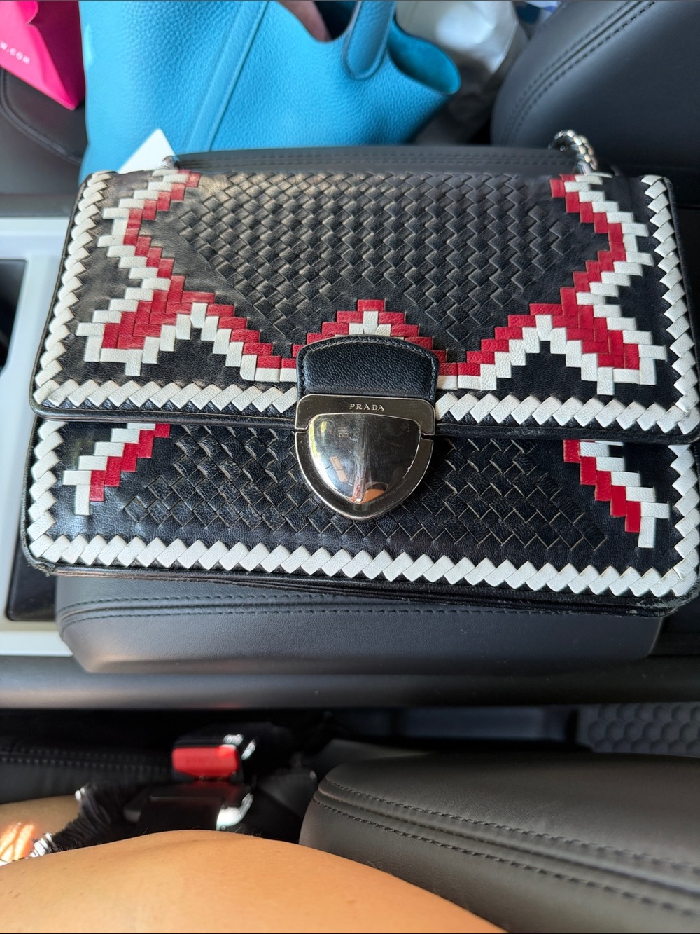 Prada Black Woven Leather Shoulder Bag with Red and White Geometric Trim